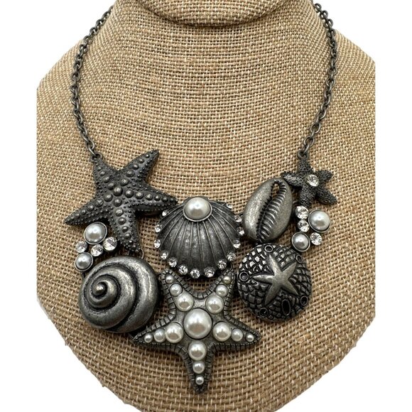 Cookie Lee Boho Shell Statement Necklace Chunky Starfish Pearls Rhinestones - Picture 6 of 6